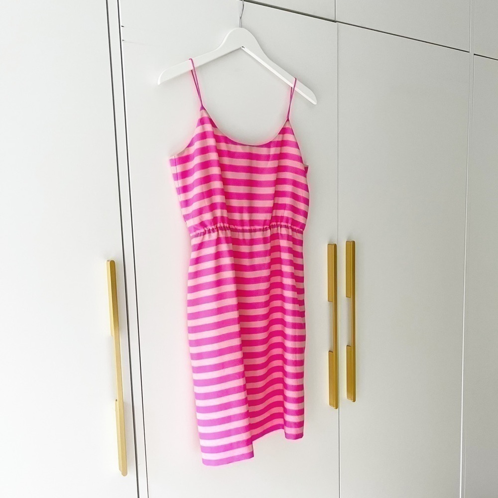 J Crew Bright pink and tan striped silk dress